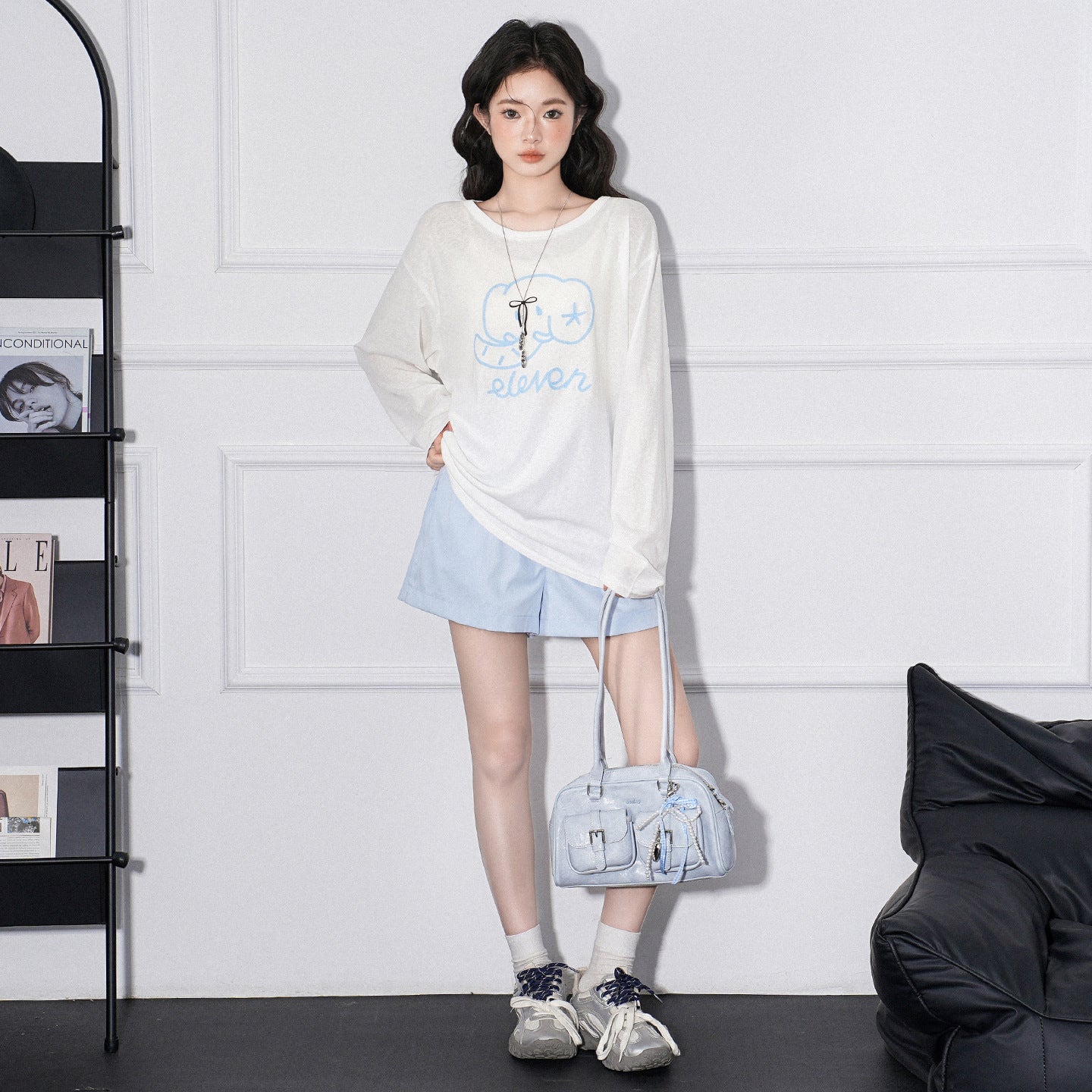 Elephant Embroidery Lightweight Sun Protection Long Sleeve T-Shirt Women Loose Round Neck Top