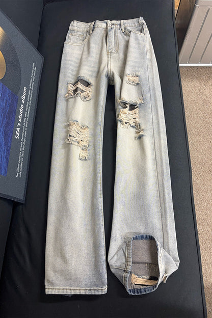 Vintage Street Style Distressed Rip-Off Denim Pants