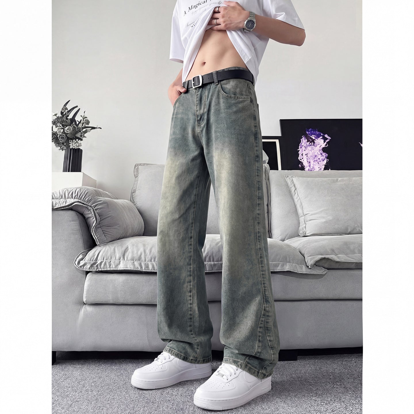 Slant Cut Flared Jeans Men Street Style Clean Fit Straight Leg Slim Flared Pants Vibe Trendy