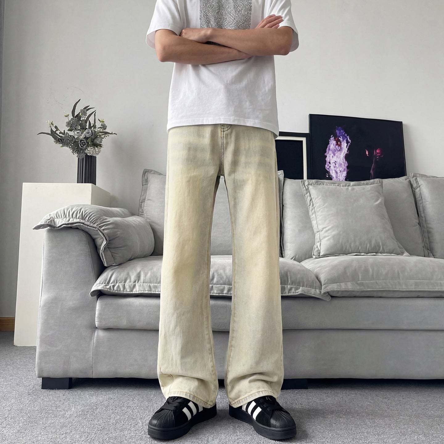 Slant Cut Flared Jeans Men Street Style Clean Fit Straight Leg Slim Flared Pants Vibe Trendy