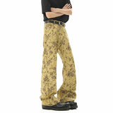 Yellow Mud Color Floral All-Over Jacquard Denim Pants