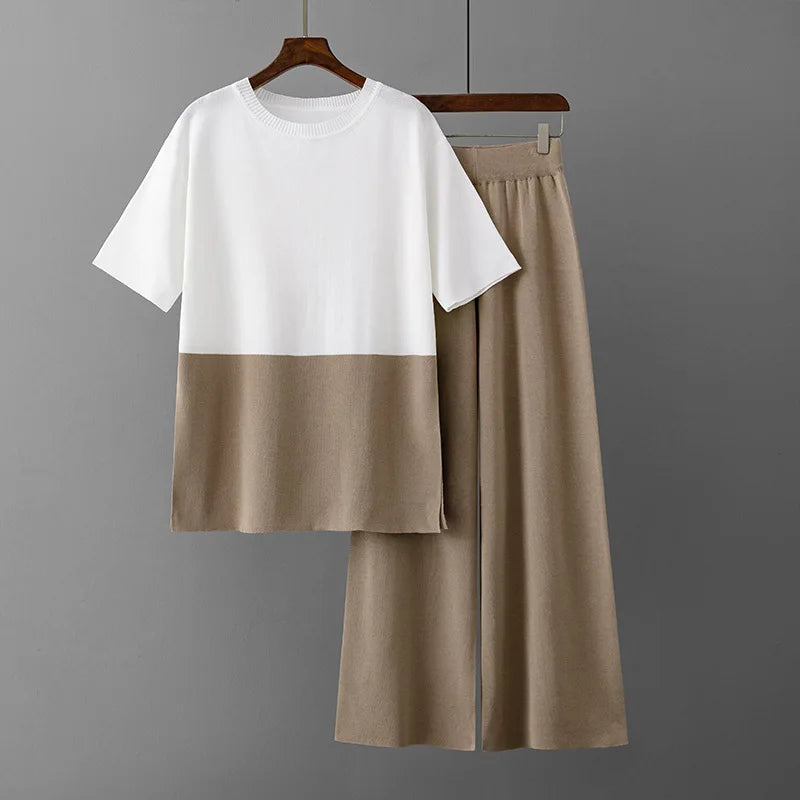 Spring Summer 2 Piece T-shirts Sets Womem Knitted Pleated Short Sleeve Pullover Outfits Elegant Wide Leg Capris Pants Suits