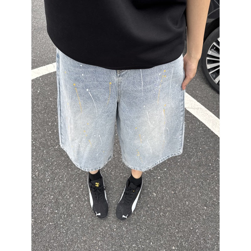 Wide-Leg 7/8 Denim Pants Men's Meteor Design Loose Shorts