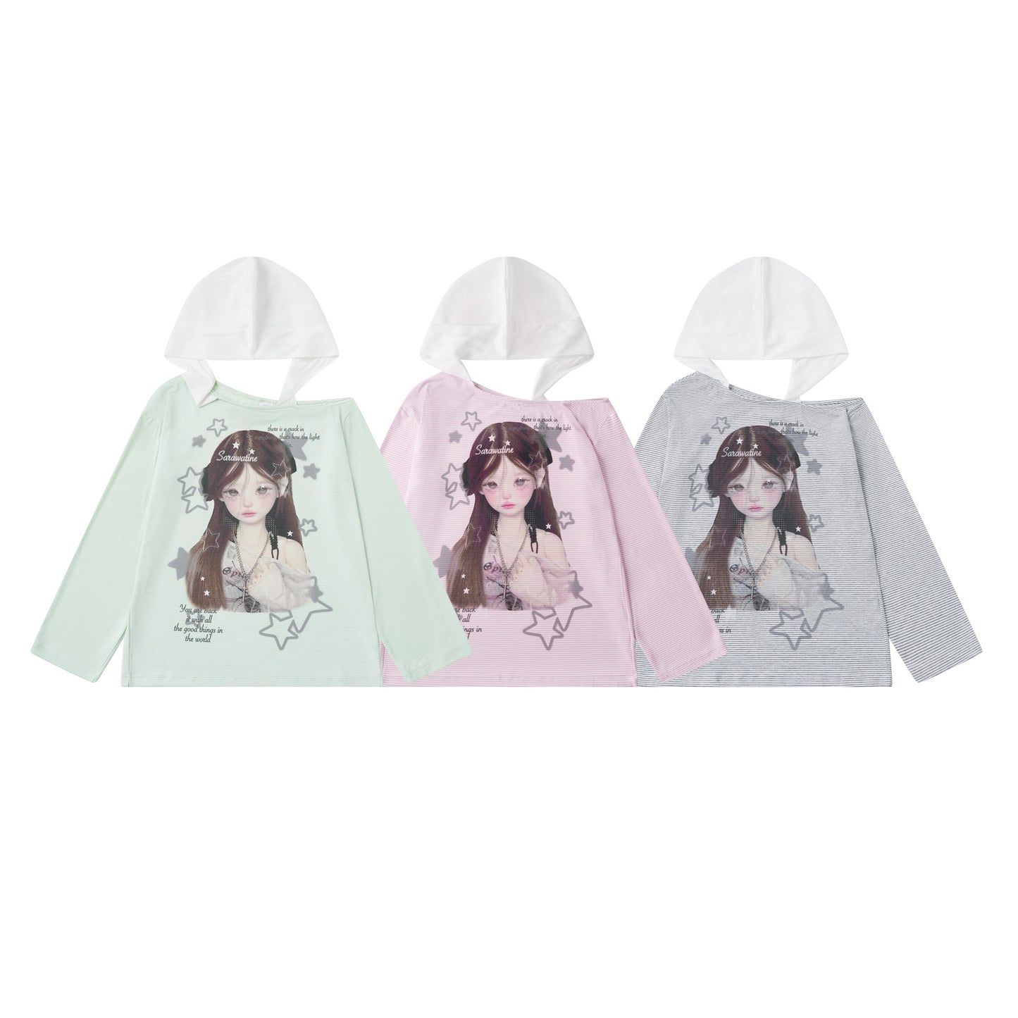 Star Print Top with Color-Block Hooded Long Sleeves